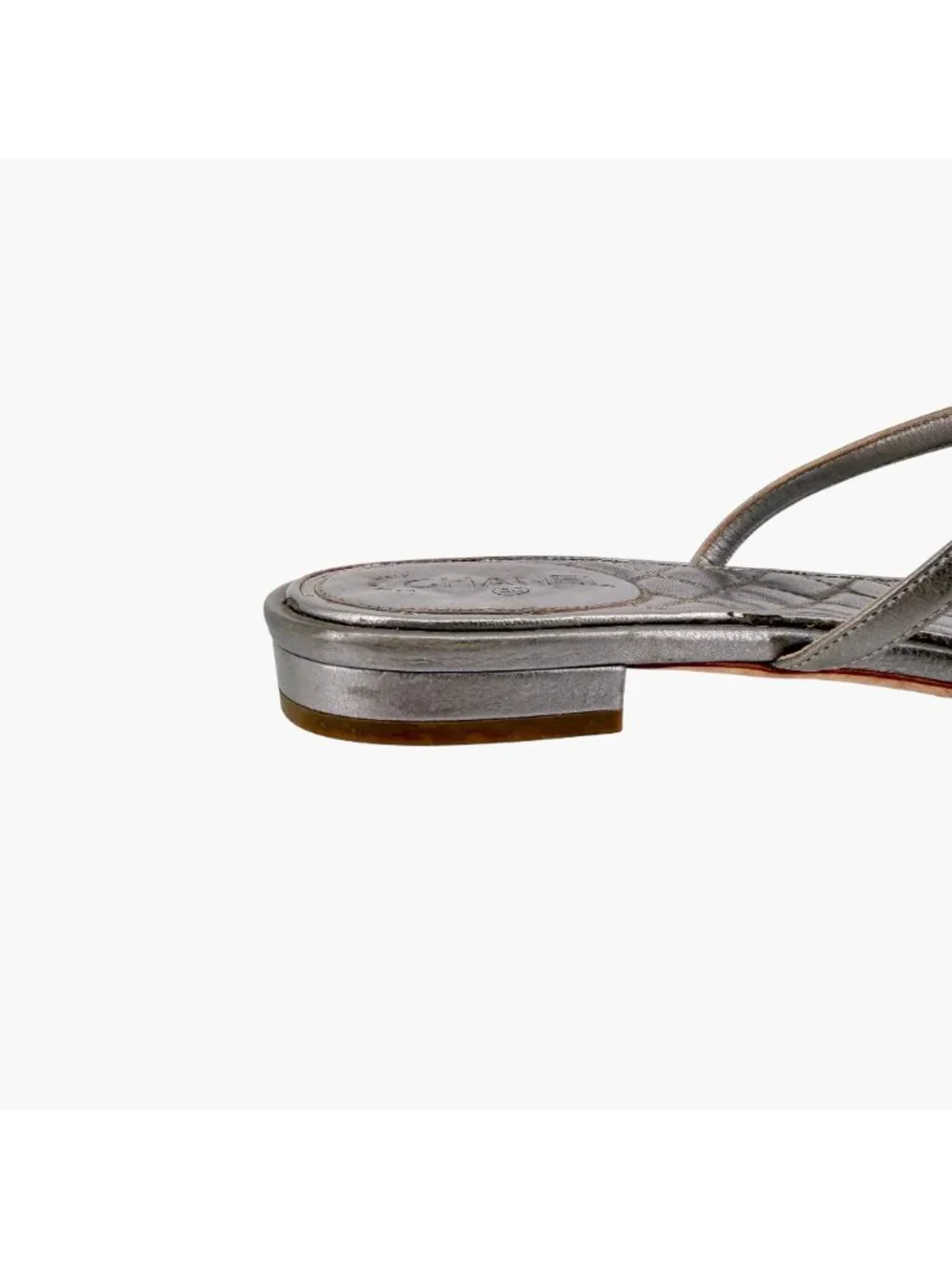 Chanel CC Toe Ring Sandals Silver Quilted Leather Flat Size 36.5 US 5.5-6 Women